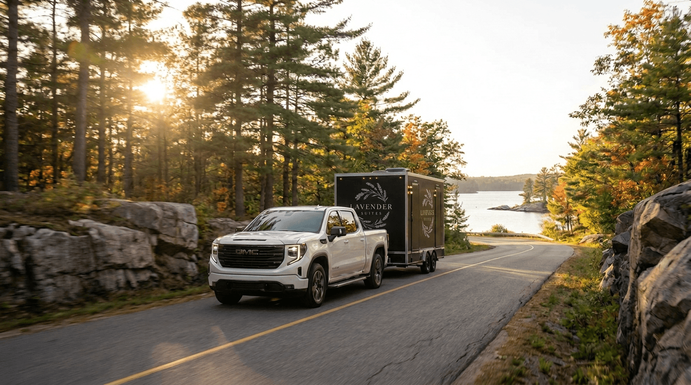 White GMC Sierra towing the Lavender Suites two-suite restroom trailer along a golden-hour Muskoka road
