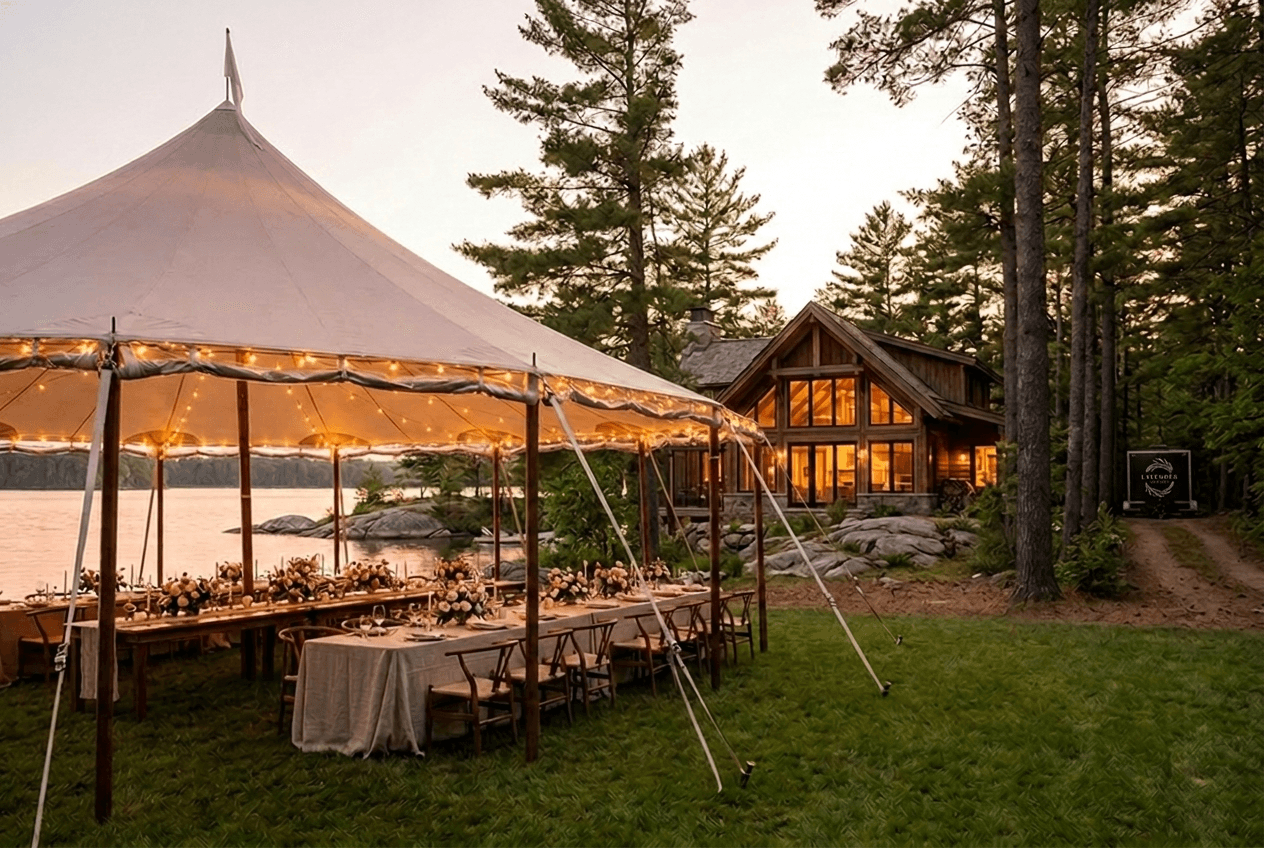 Private celebration at a Muskoka cottage with the Lavender Suites branded trailer tucked beside the laneway
